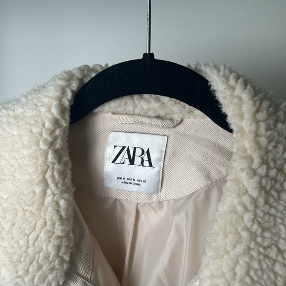Zara Cream Denim and Sherpa Teddy Shearling Button Up Jacket Size Medium - Picture 4 of 8